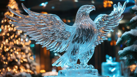 A detailed ice carving of a majestic eagle, standing in a winter festival display.の素材