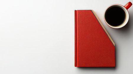 A hardcover book placed beside a cup of coffee on a white background.の素材
