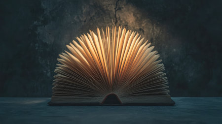 A book standing upright with its pages fanned out, dramatic lighting.の素材