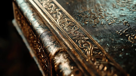 A hardcover book with embossed golden lettering on its spine.の素材