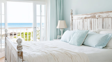 A beach-inspired bedroom with a whitewashed wooden bed and light, breezy bedding.の素材