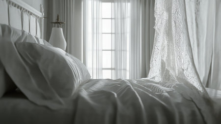 A dreamy, all-white bedroom with layers of soft bedding and delicate lace details.の素材