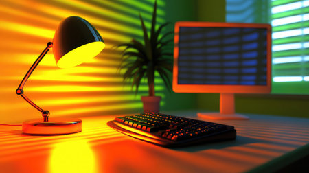 A beautifully lit evening office with a glowing desk lamp and an inspiring atmosphere.の素材