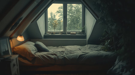 A cozy, attic bedroom with a low wooden bed and skylight views.の素材