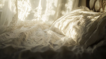 A dreamy, all-white bedroom with layers of soft bedding and delicate lace details.の素材