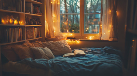 A cozy reading corner in a bedroom with a comfortable bed, bookshelves, and warm lighting.の素材