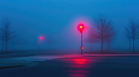 A foggy morning scene with a red light at an empty pedestrian crossing, trees barely visible in the background.の素材