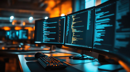 A high-tech office setup with multiple monitors, a mechanical keyboard, and LED lighting.の素材