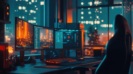 A high-tech office setup with multiple monitors, a mechanical keyboard, and LED lighting.の素材