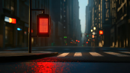 A lonely red light hanging over a deserted city street at dusk, with long shadows cast on the asphalt.の素材