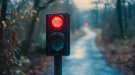 A modern smart traffic signal showing red on an abandoned road, sensors and cameras visible.の素材