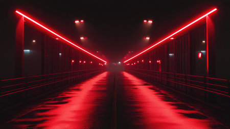 A pedestrian bridge crossing above an empty road, red traffic lights glowing on both ends.の素材