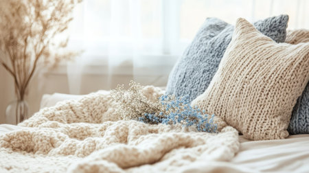 A soft, inviting bed with an oversized knit throw and scattered accent pillows.の素材