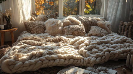 A soft, inviting bed with an oversized knit throw and scattered accent pillows.の素材