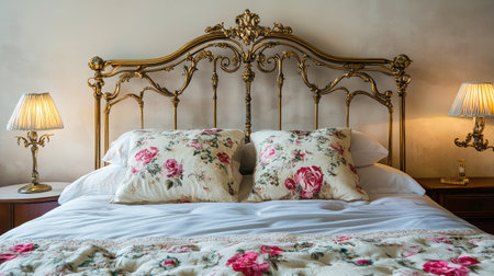 A vintage-style bed with an ornate metal frame, floral bedding, and soft lighting.の素材