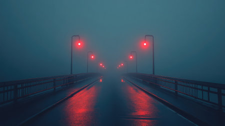 A pedestrian bridge crossing above an empty road, red traffic lights glowing on both ends.の素材