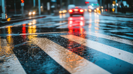 A wet road with puddles reflecting the red glow of a traffic light at a silent intersection.の素材