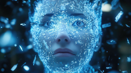 A conceptual AI identity represented as a fragmented, holographic digital face.の素材