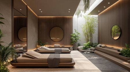 A beautiful spa escape with a dimly lit massage space, soft music, and elegant bamboo details.の素材