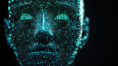 A digital face constructed from pixelated code and matrix-style green neon numbers.の素材