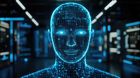 A holographic AI assistant face displayed in a futuristic smart home environment.の素材