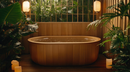A private spa suite featuring a warm herbal bath, wooden decor, and flickering candlelight.の素材