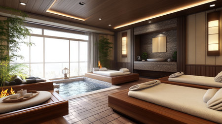 A Zen-inspired spa environment with a neutral color scheme, soft cushions, and warm wooden accents.の素材
