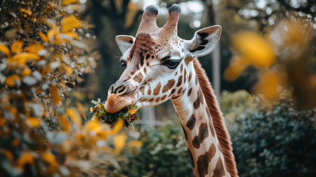 A beautiful giraffe surrounded by tall trees, savoring a mouthful of leaves.の素材