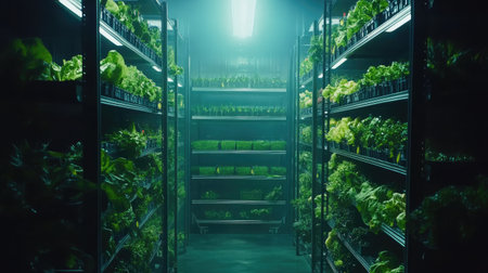 A futuristic AI-controlled warehouse managing agricultural produce storage.の素材