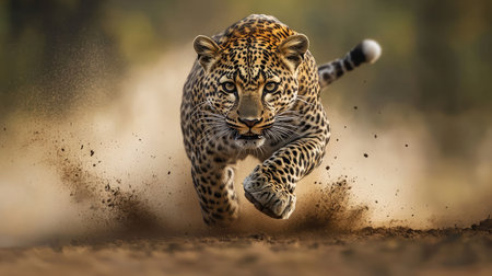 A final pounce as a leopard leaps toward its prey, showcasing raw power and agility.の素材