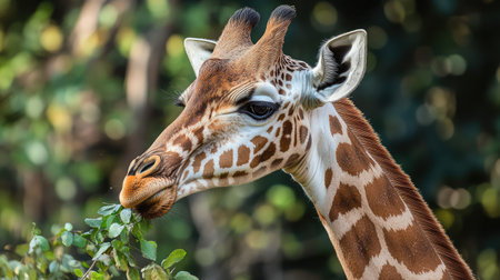 A close-up of a giraffe's head as it chews on fresh acacia leaves.の素材