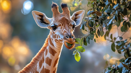 A giraffe's long tongue curling around a branch, stripping away delicious leaves.の素材