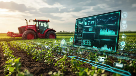 A digital control panel displaying real-time data from a smart farming system.の素材