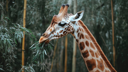 A beautiful giraffe surrounded by tall trees, savoring a mouthful of leaves.の素材