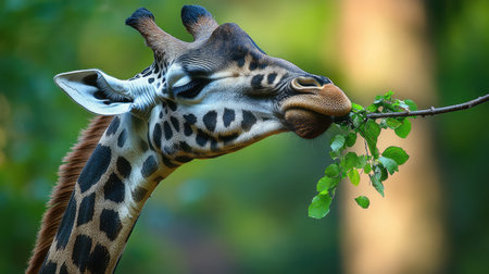 A giraffe gently stripping leaves from a branch, its long tongue in action.の素材