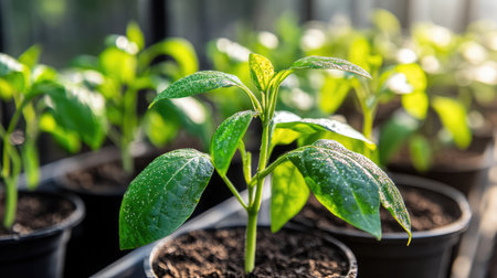 A high-tech greenhouse with automated irrigation systems and smart sensors monitoring plant growth.の素材