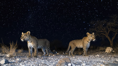 Leopards using the cover of night to track their next meal.の素材