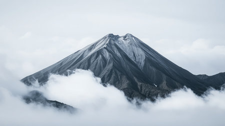 A dramatic view of a volcanic mountain peak surrounded by swirling clouds.の素材