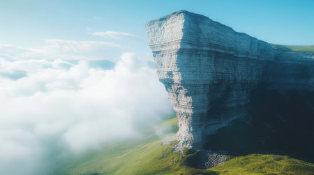 A dramatic rock formation rising from the mountain landscape, surrounded by fog.の素材