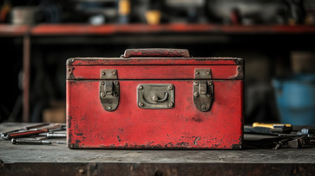 A classic red toolbox sitting on a garage floor, surrounded by mechanical tools.の素材