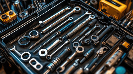 A high-quality mechanic's toolbox, organized with precision instruments.の素材