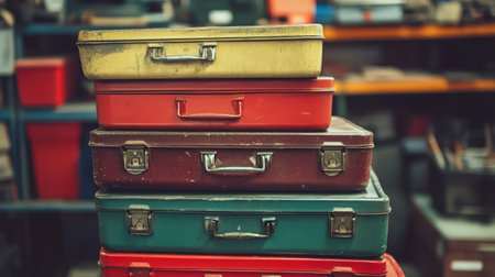 A set of toolboxes in different sizes stacked in an organized workshop.の素材
