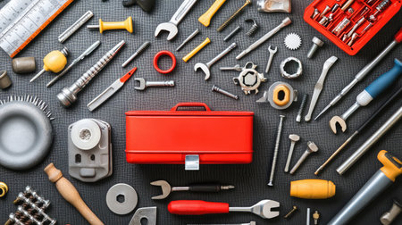 A toolbox surrounded by various hardware supplies like screws, nails, and bolts.の素材