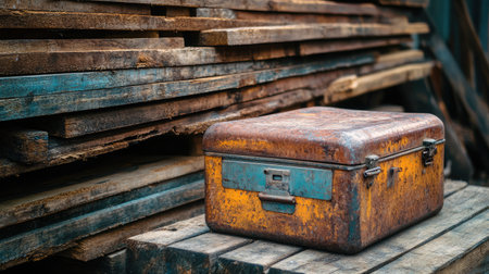 A toolbox sitting next to a stack of wooden planks, ready for a carpentry project.の素材