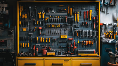 A toolbox with an assortment of power tool accessories, neatly arranged inside.の素材