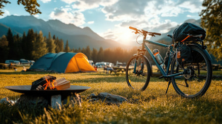 A bicycle with camping gear parked on a grassy field beside a rustic campsite and a fire pit.の素材