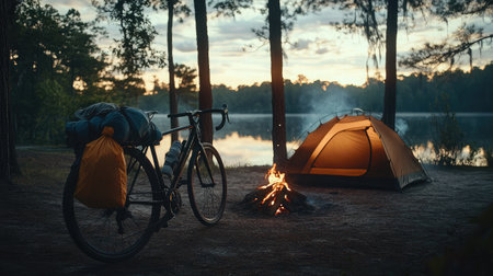 A bike with bags placed near a tent at a peaceful campsite surrounded by trees and a fire.の素材