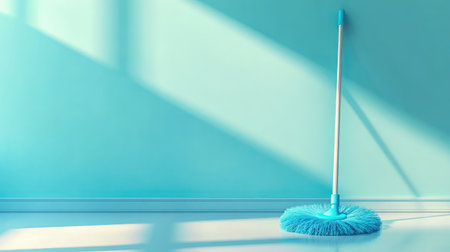 A blue mop propped against a white wall in a spotless room, with an inviting sunny balcony view.の素材