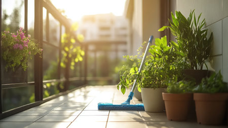 A bright and inviting home space with a blue mop, fresh tiles, and lush plants on a sunlit balcony.の素材