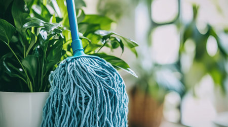 A blue mop leaning against a white wall in a bright home with a well-kept balcony filled with plants.の素材
